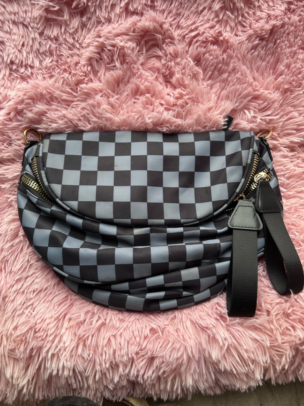 Checkerboard Crescent Shoulder Bag in Black & Gray